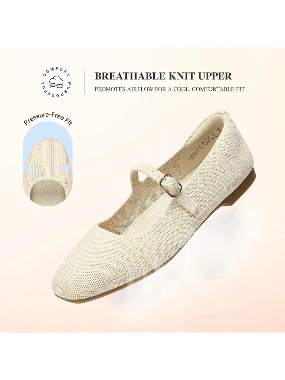 Women's Nude Knit Mary Jane Square Toe Stretchy Buckle Ballet Flats Casual Shoes